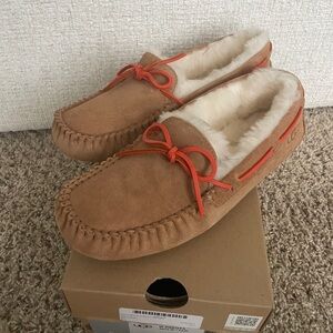UGG Tan Suede Moccasin Slippers with Red Accents